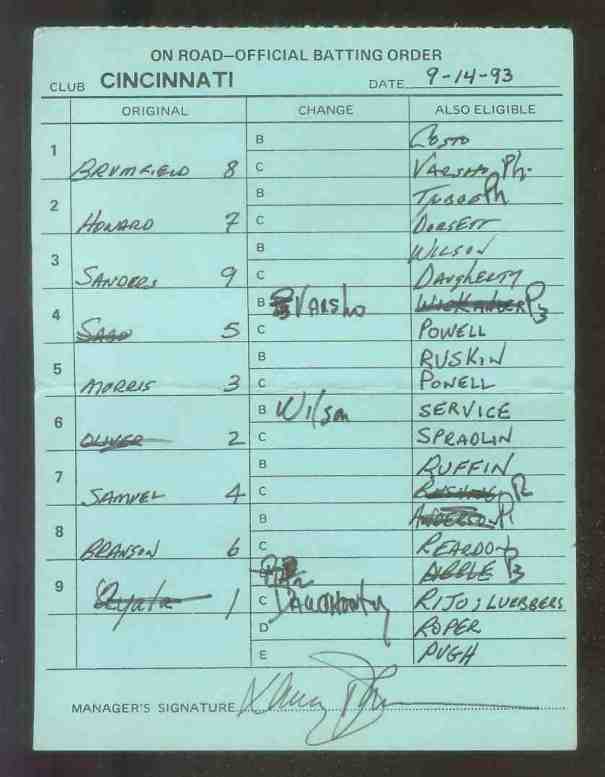  Reds - 1993 (09/14) Authentic LINEUP CARD - Autographed by DAVEY JOHNSON Baseball cards value