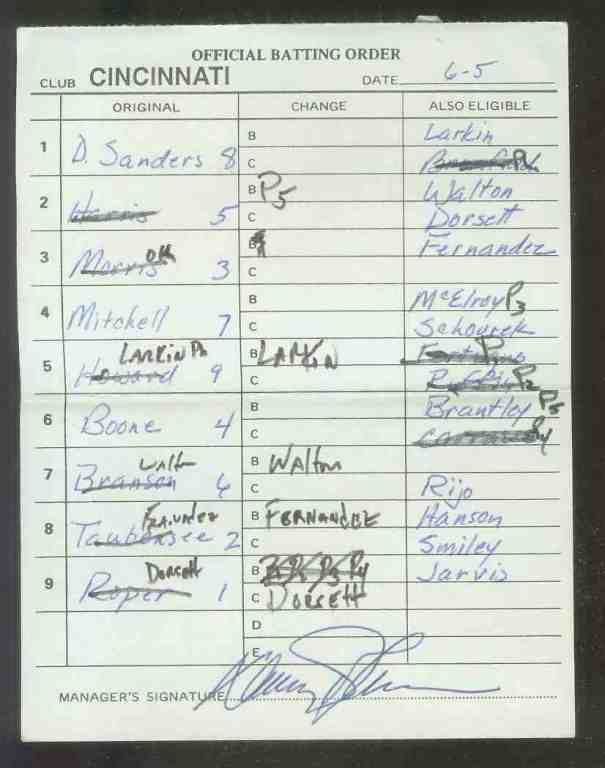 Reds - 1994 (06/05) Authentic LINEUP CARD - Autographed by DAVEY JOHNSON Baseball cards value