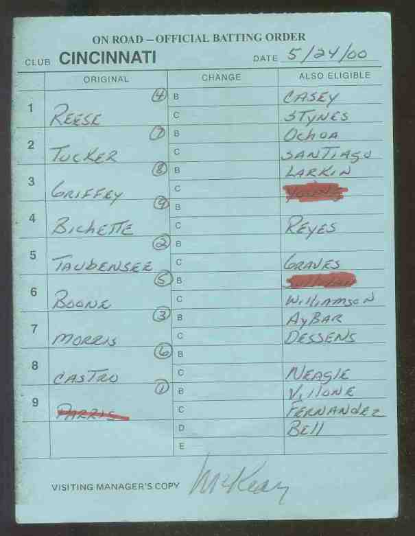  Reds - 2000 (05/24) Authentic LINEUP CARD - Autographed by JACK McKEON Baseball cards value