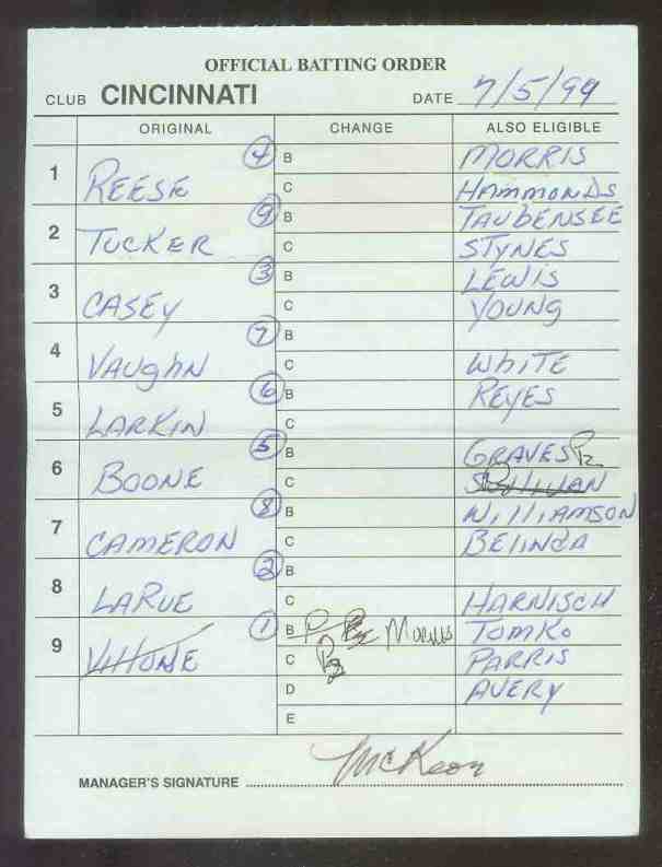  Reds - 1999 (07/05) Authentic LINEUP CARD - Autographed by JACK McKEON Baseball cards value