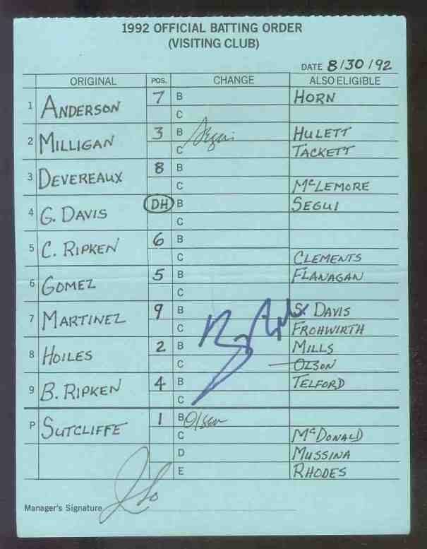  Royals - 1992 (08/30) Authentic LINEUP CARD - Autographed by JOHNNY OATES Baseball cards value