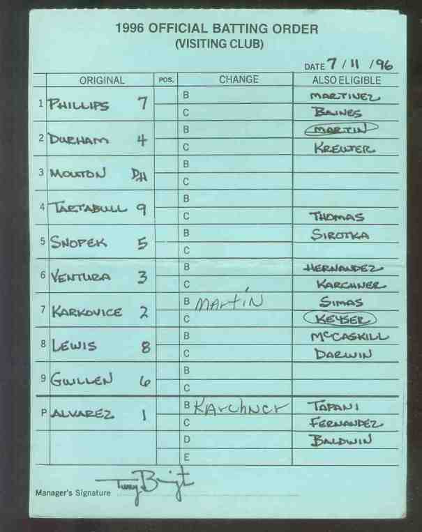  White Sox - 1996 (07/11) Authentic LINEUP CARD - Signed by TERRY BEVINGTON Baseball cards value