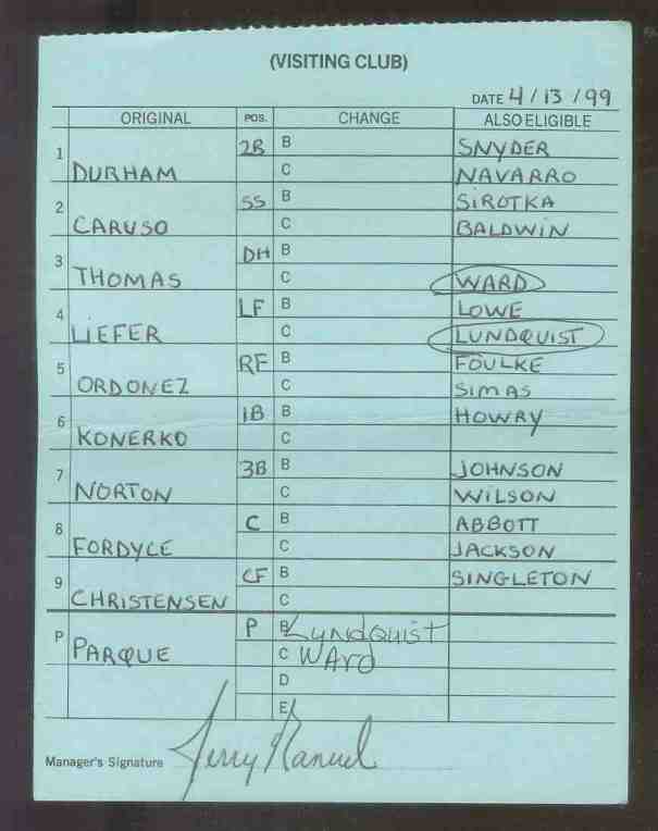  White Sox - 1999 (04/13) Authentic LINEUP CARD - Signed by JERRY MANUEL Baseball cards value