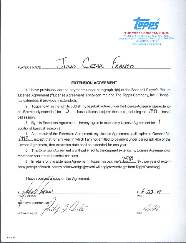  Julio Franco - SIGNED 1988 Topps Baseball Card Contract (Autographed) Baseball cards value