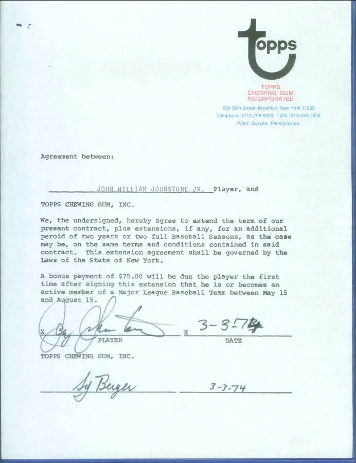  Jay Johnstone - SIGNED 1974 Topps Baseball Card Contract (Autographed) Baseball cards value