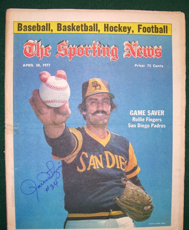  Rollie Fingers - AUTOGRAPHED SPORTING NEWS (4-30-77) in BLUE w/jersey# !!! Baseball cards value