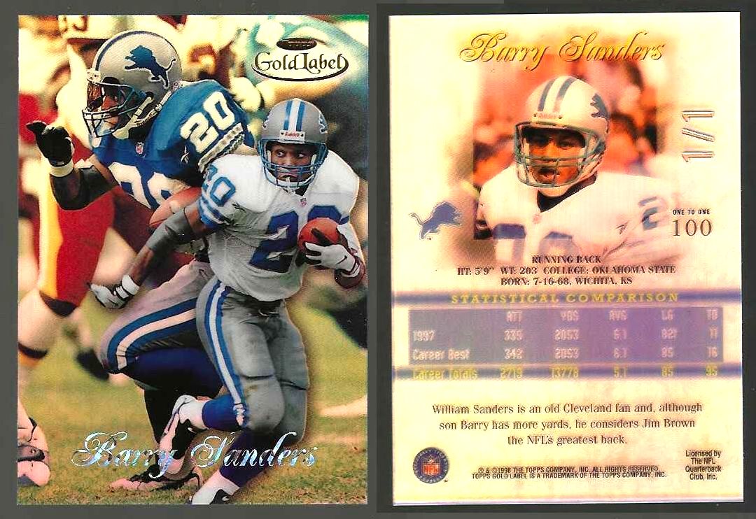 Barry Sanders <B>RARE: 1998 Topps Gold Label #100 ONE TO ONE [#1/1]</B> Baseball cards value
