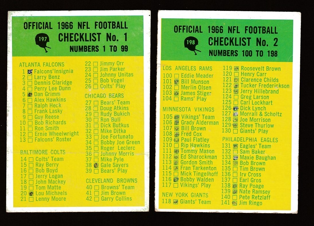 1966 Philadelphia FB #197+198 Lot of BOTH CHECKLISTS Football cards value