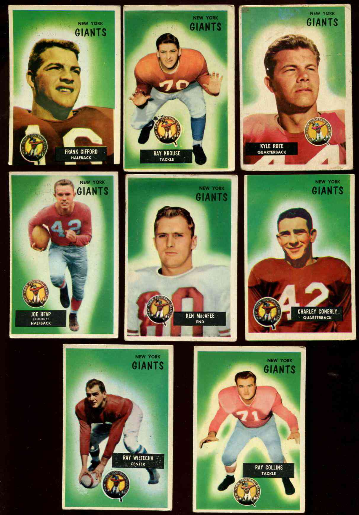 1955 Bowman FB  - NY Giants Team Lot (8) with Frank Gifford (bk $75) Football cards value