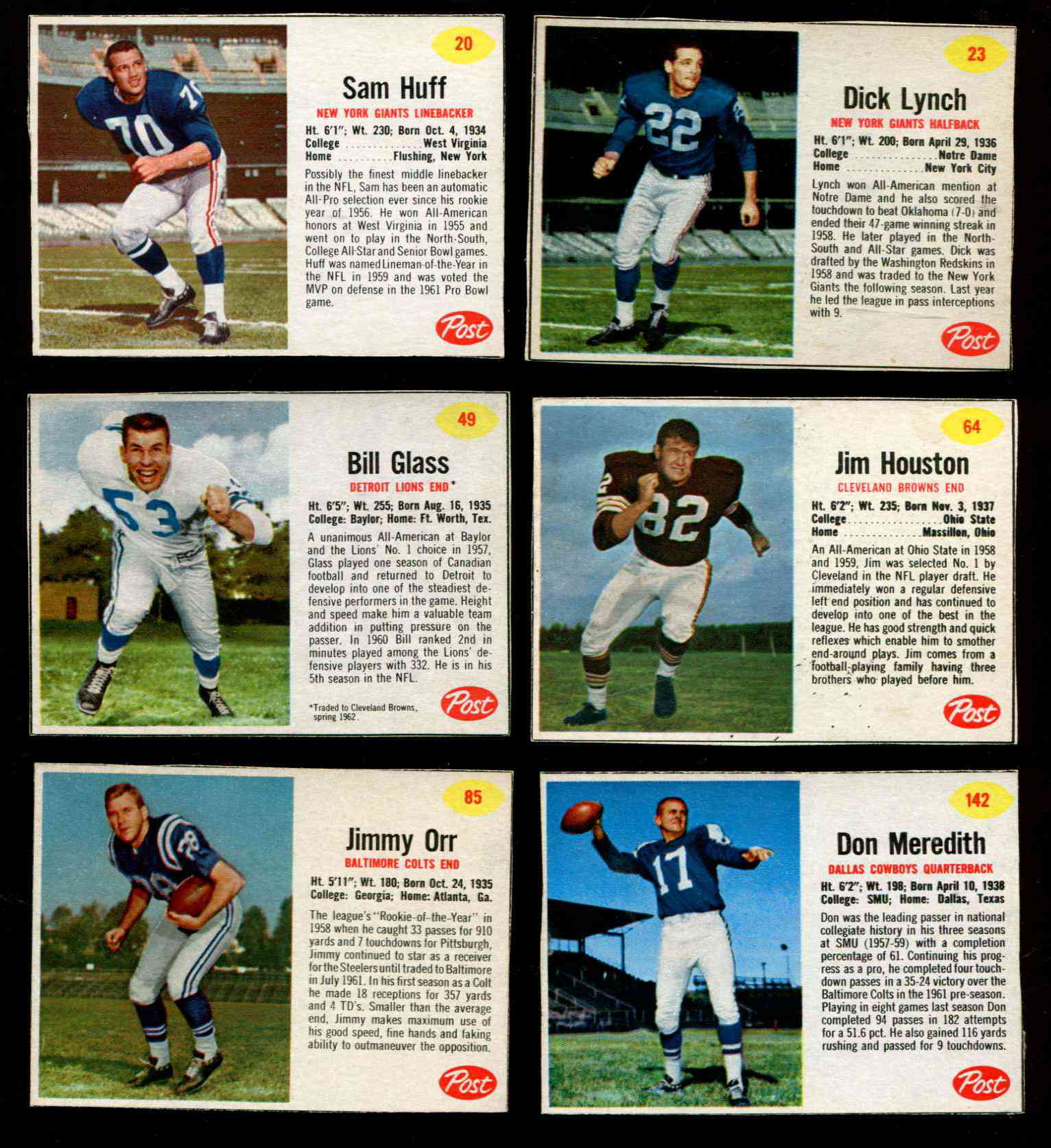 1962 Post Cereal FB #142 Don Meredith (Cowboys) Football cards value