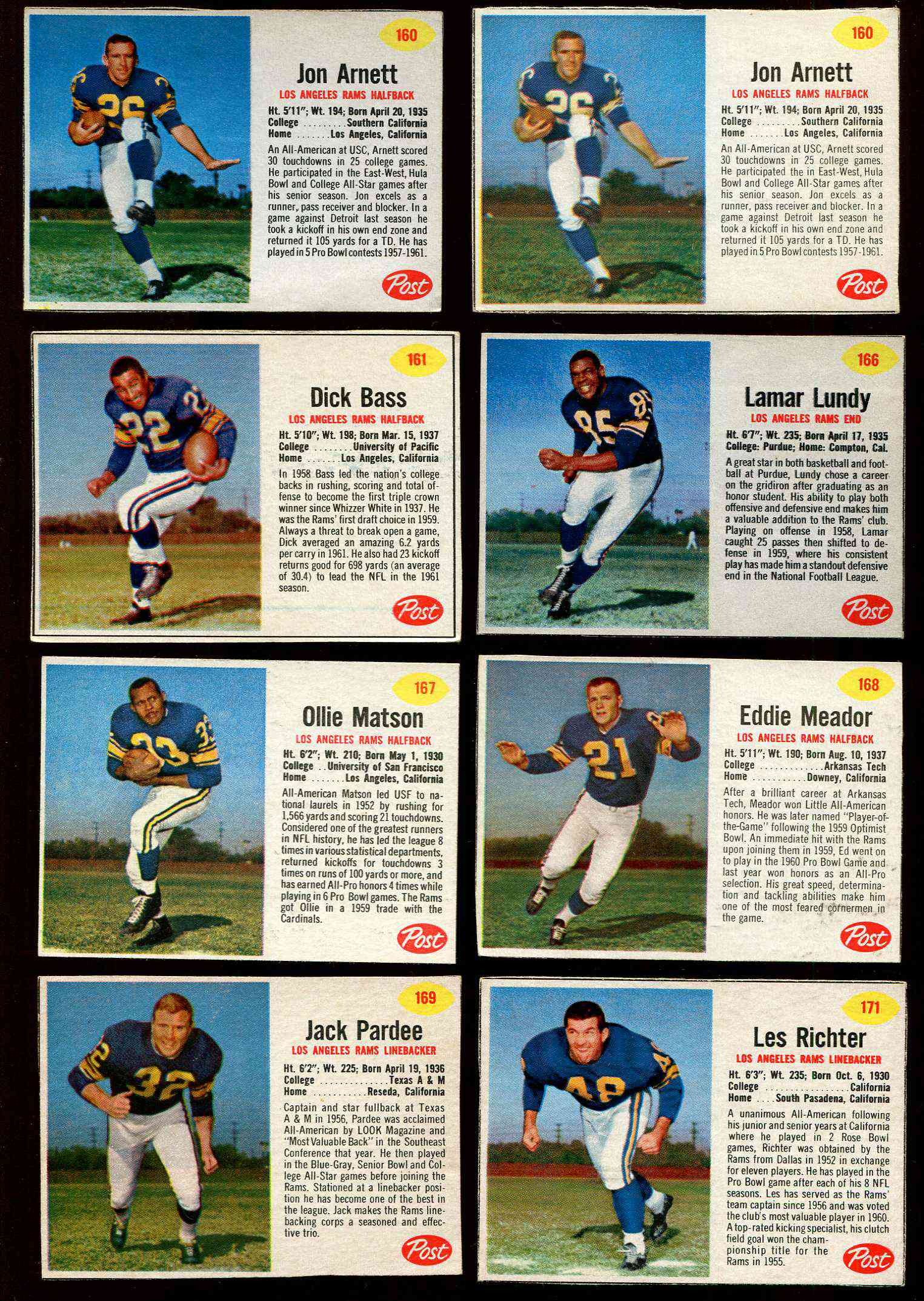 1962 Post Cereal FB #169 Jack Pardee SHORT PRINT (Rams) Football cards value