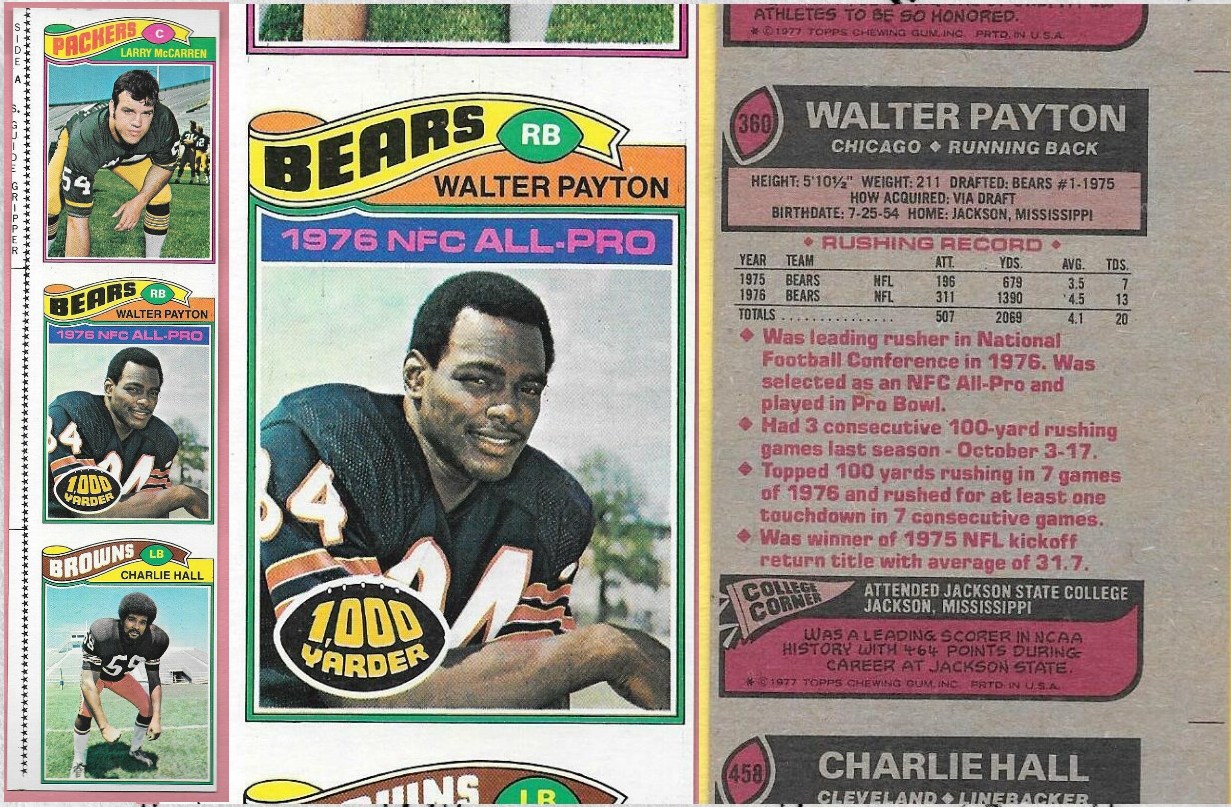  1977 Topps FB 3-Card UNCUT PANEL - w/#360 WALTER PAYTON 2nd year card !!! Football cards value