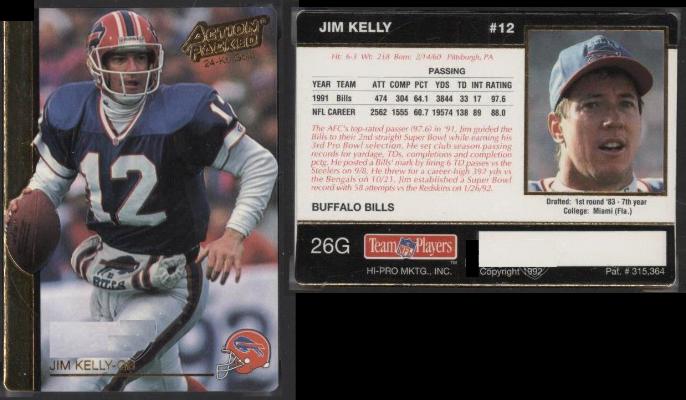 Jim Kelly - 1992 Action Packed #26G 24kt GOLD (Bills,HOF) Football cards value