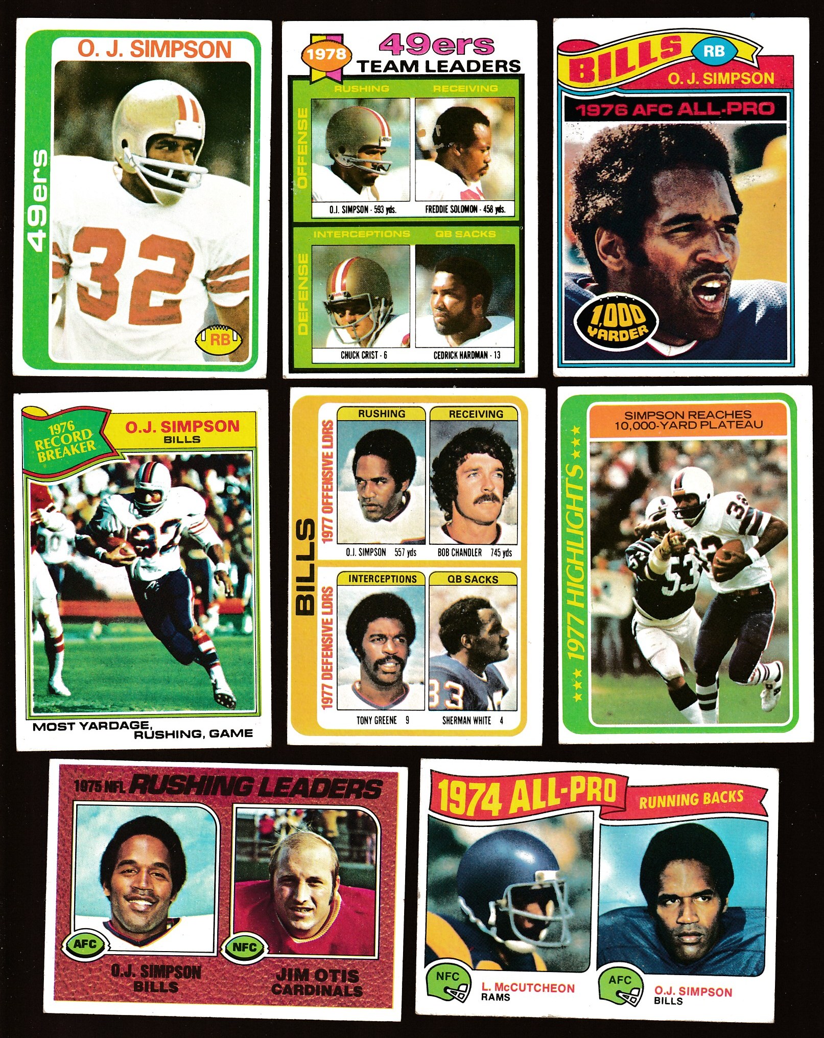 O.J. Simpson - 1975-1979 Topps - Lot of (9) different Topps cards Football cards value