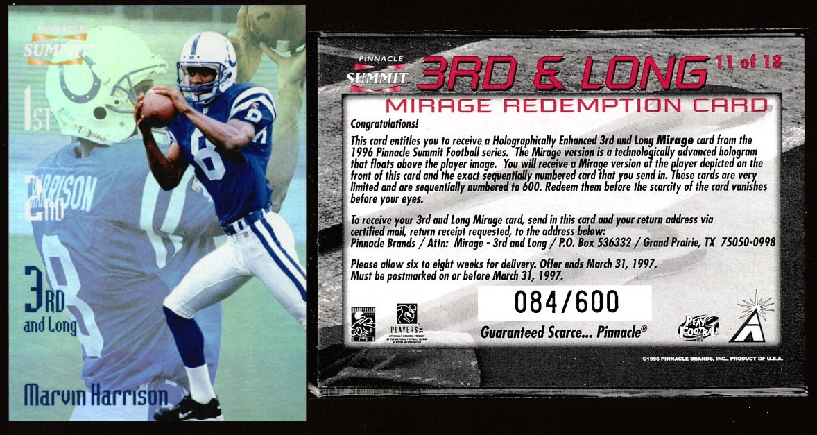 1996 Summit MIRAGE REDEMPTION CARD - Marvin Harrison ROOKIE [#n/600](Colts) Football cards value
