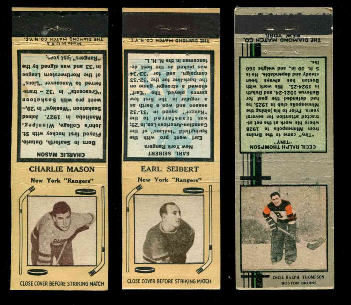 1935/36 Diamond Hockey Matchbook - Charlie Mason (NY Rangers) Baseball cards value
