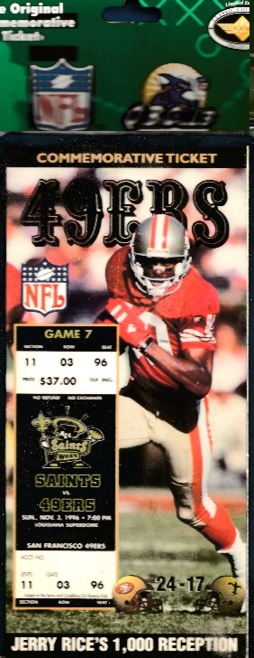 Jerry Rice - 1997 1,000 Reception COMMEMORATIVE 11-03-96 TICKET (49ers) Baseball cards value