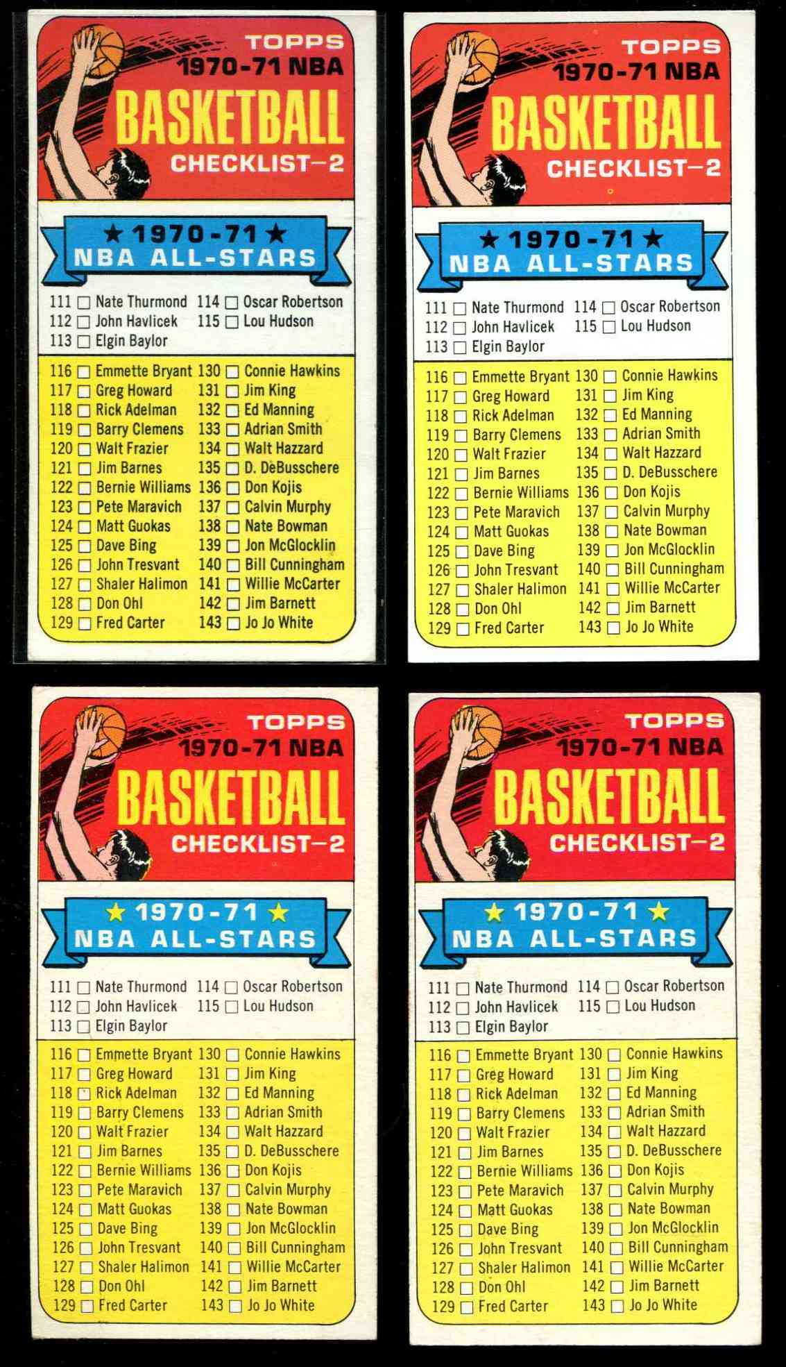 1970-71 Topps Basketball #101 Checklist [VAR:White * 1970-71 *] Basketball cards value