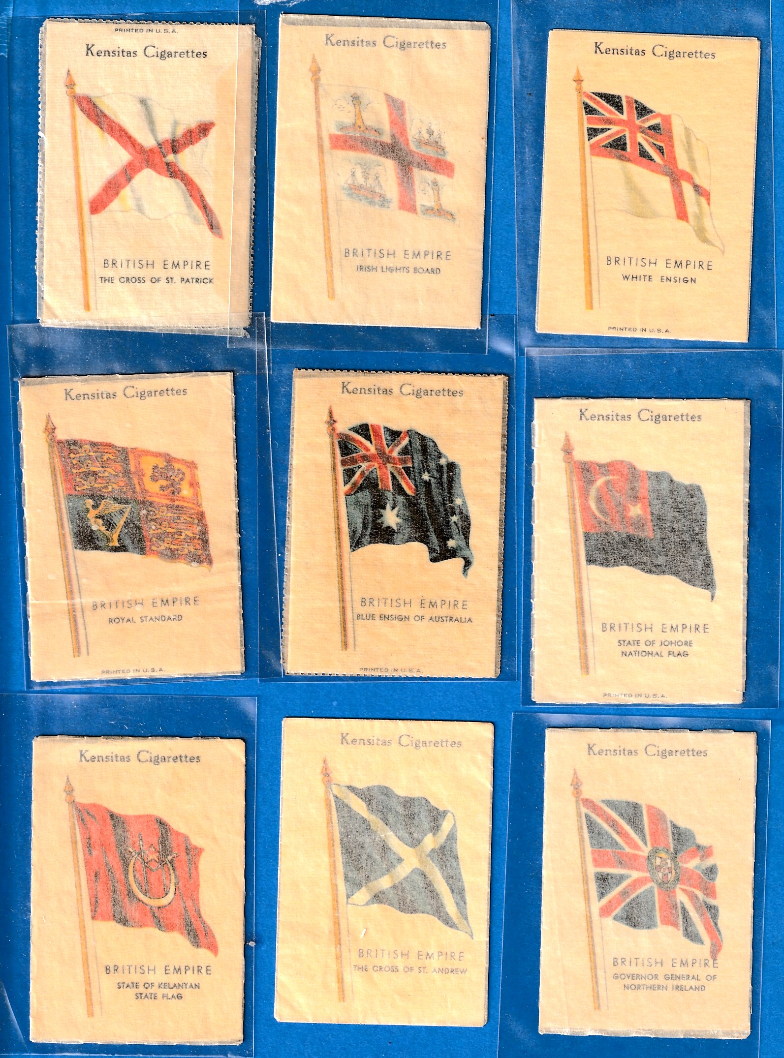 1930's Kensitas Cigarettes - Lot (9) diff. BRITISH EMPIRE SILK FLAGS Baseball cards value
