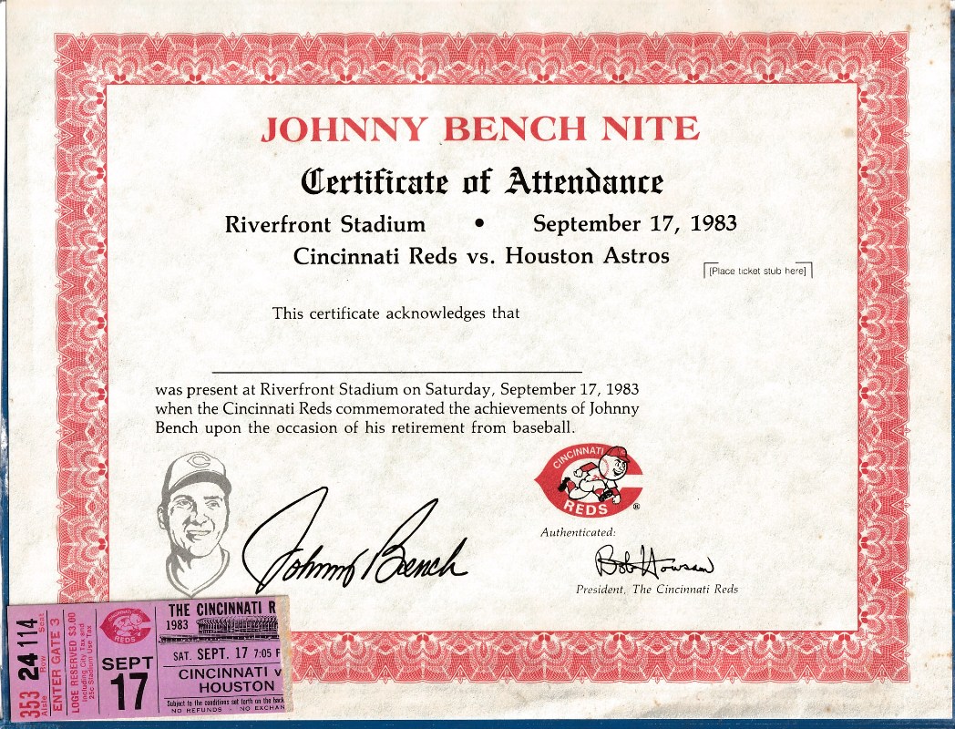 1983 JOHNNY BENCH Nite - Certificate of Attendance & Ticket (Reds) Baseball cards value