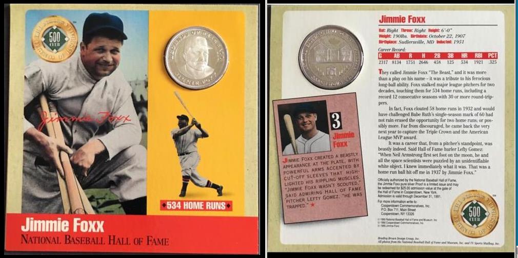  Jimmie Foxx - 1990 500 Home Run Club PURE SILVER Coin/Card Baseball cards value