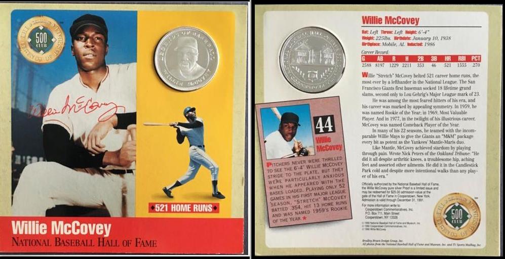  Willie McCovey - 1990 500 Home Run Club PURE SILVER Coin/Card Baseball cards value