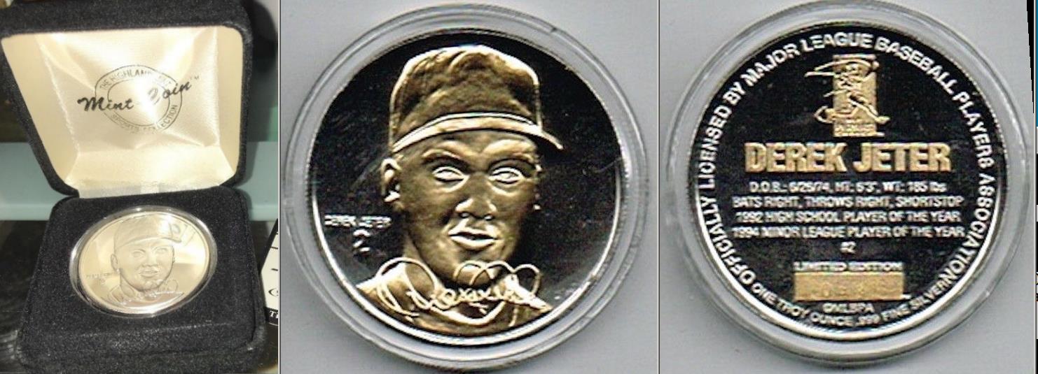 Derek Jeter - SOLID SILVER w/24kt Gold Overlay Highland Mint coin Baseball cards value
