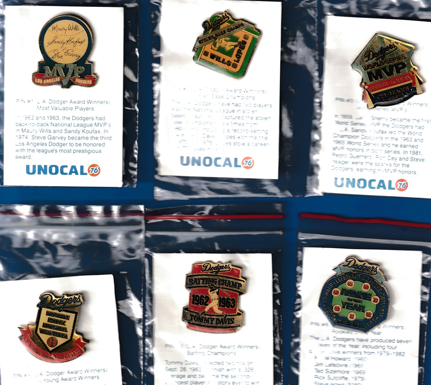 1988-91 Unocal76 Dodgers AWARD WINNERS Lapel Pins SET (6) w/Sandy Koufax Baseball cards value