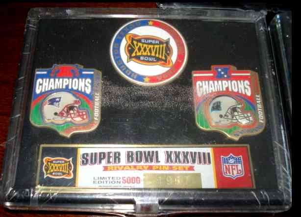  SUPER BOWL #38 PIN SET (2004) - Patriots/Panthers - 3 Collector Pins Baseball cards value