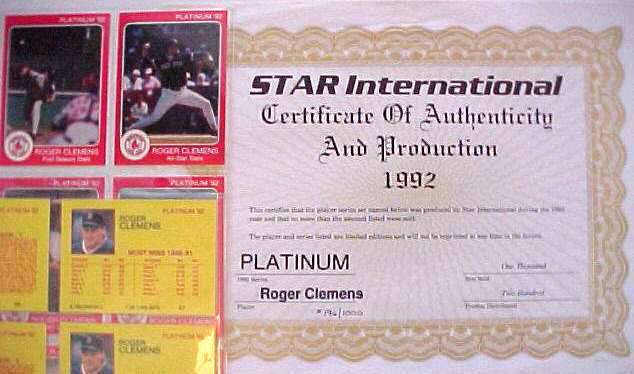 Roger Clemens - 1992 Star Company PLATINUM Complete 9-card Set (Red Sox) Baseball cards value