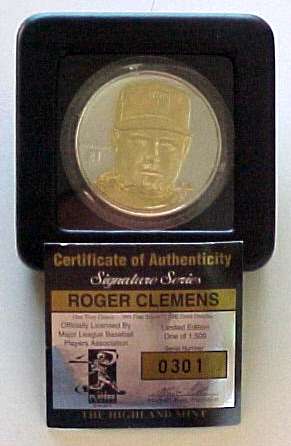 Roger Clemens - SOLID SILVER COIN with 24 KT GOLD OVERLAY - LIMITED EDITION Baseball cards value