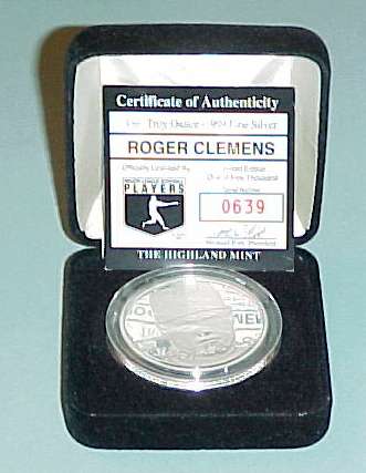 Roger Clemens - SOLID SILVER  (Variation #21)  Highland Mint coin Baseball cards value