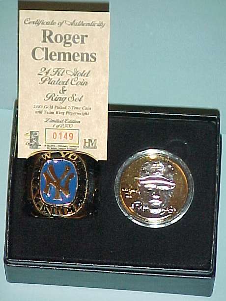Roger Clemens - 24 Kt GOLD PLATED COIN & YANKEES RING set (Highland Mint) Baseball cards value
