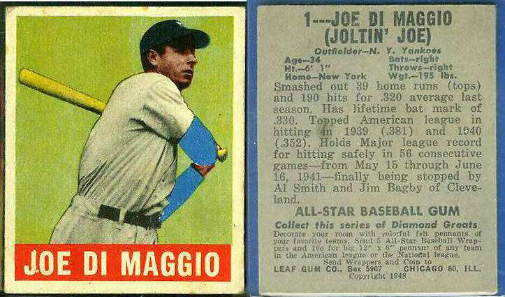 1948 Leaf #.1 Joe DiMaggio [#a] (Yankees) Baseball cards value