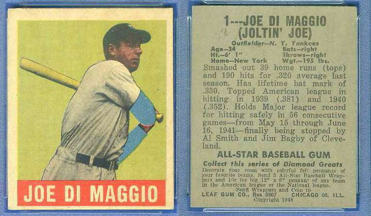 1948 Leaf #.1 Joe DiMaggio [#b] (Yankees) Baseball cards value