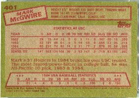 Mark McGwire Cards & Items  Baseball card back