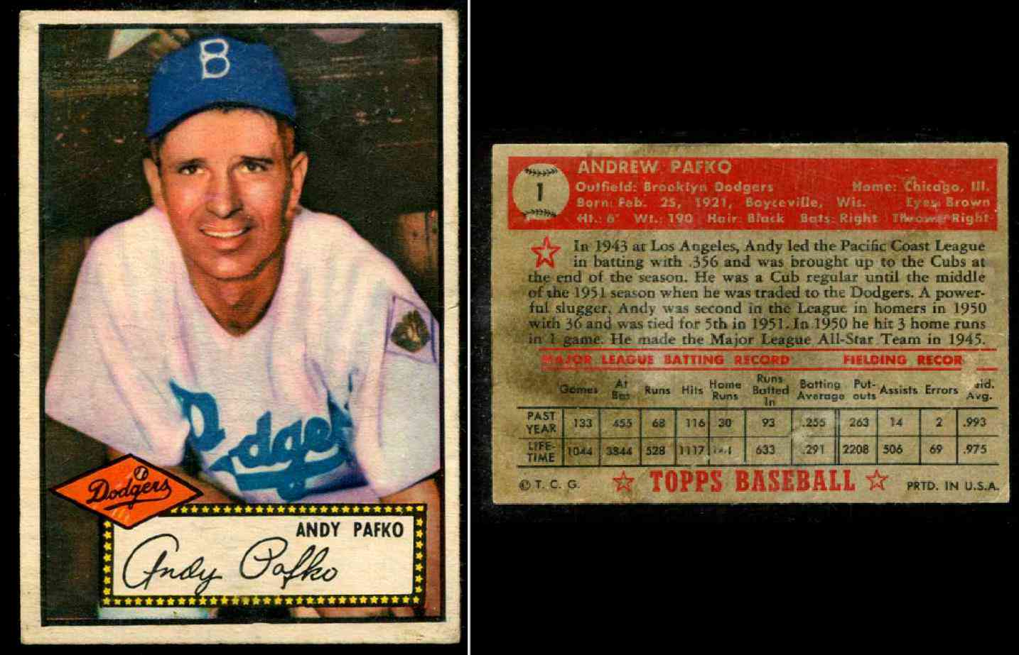1952 Topps #  1 Andy Pafko [#] (Brooklyn Dodgers)  cards value