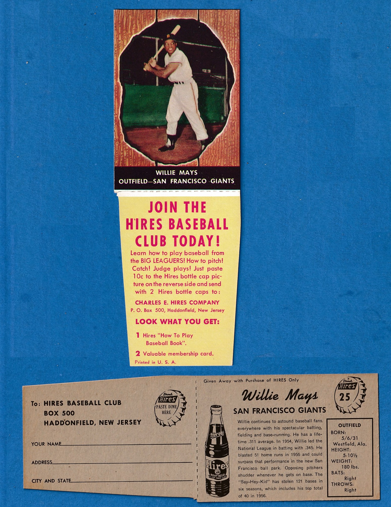 1958 Hires Root Beer #25 Willie Mays WITH TAB !!! (Giants)  cards value