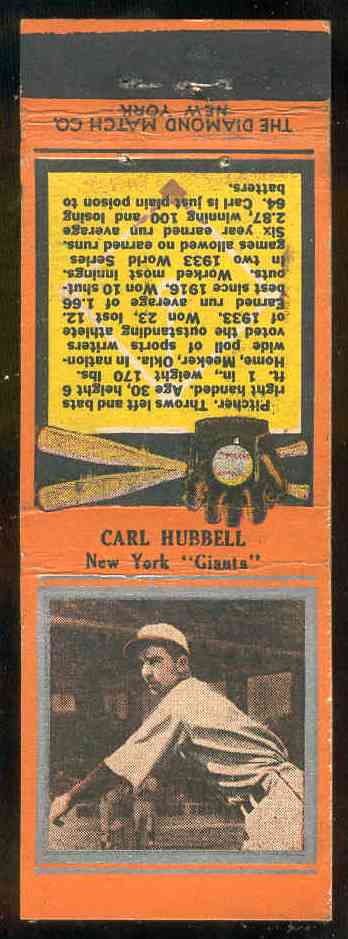 1934 Diamond Matchbooks 'Silver Border' # 95 Carl Hubbell ORANGE (NY Giants  cards value