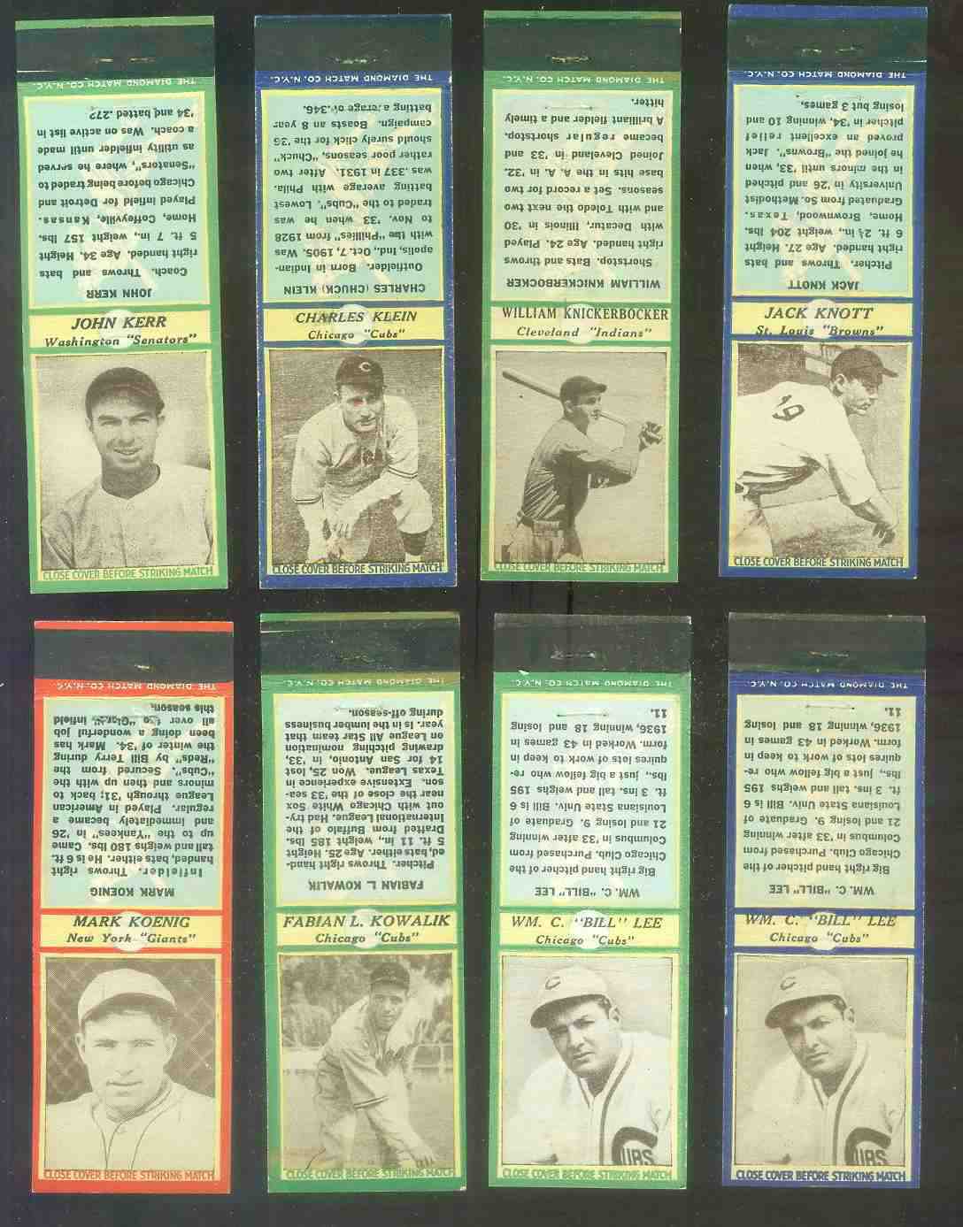 1935-36 Diamond Matchbooks # 90 William Knickerbocker GREEN (Indians)  cards value