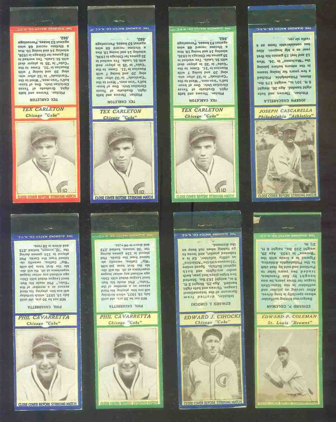 1935-36 Diamond Matchbooks # 26 Tex Carleton CHEST UP GREEN (Cubs)  cards value