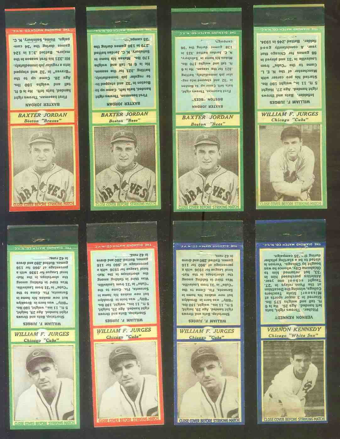 1936 Diamond Matchbooks - Baxter Jordan GREEN (Boston Bees)  cards value