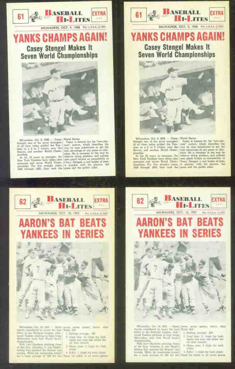1960 Nu-Card Hi-Lites #62 Hank Aaron - 'Bat Beats Yankees in Series'  cards value