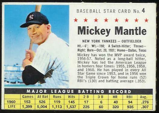 1961 Post #  4 Mickey Mantle [COM] (Yankees)  cards value
