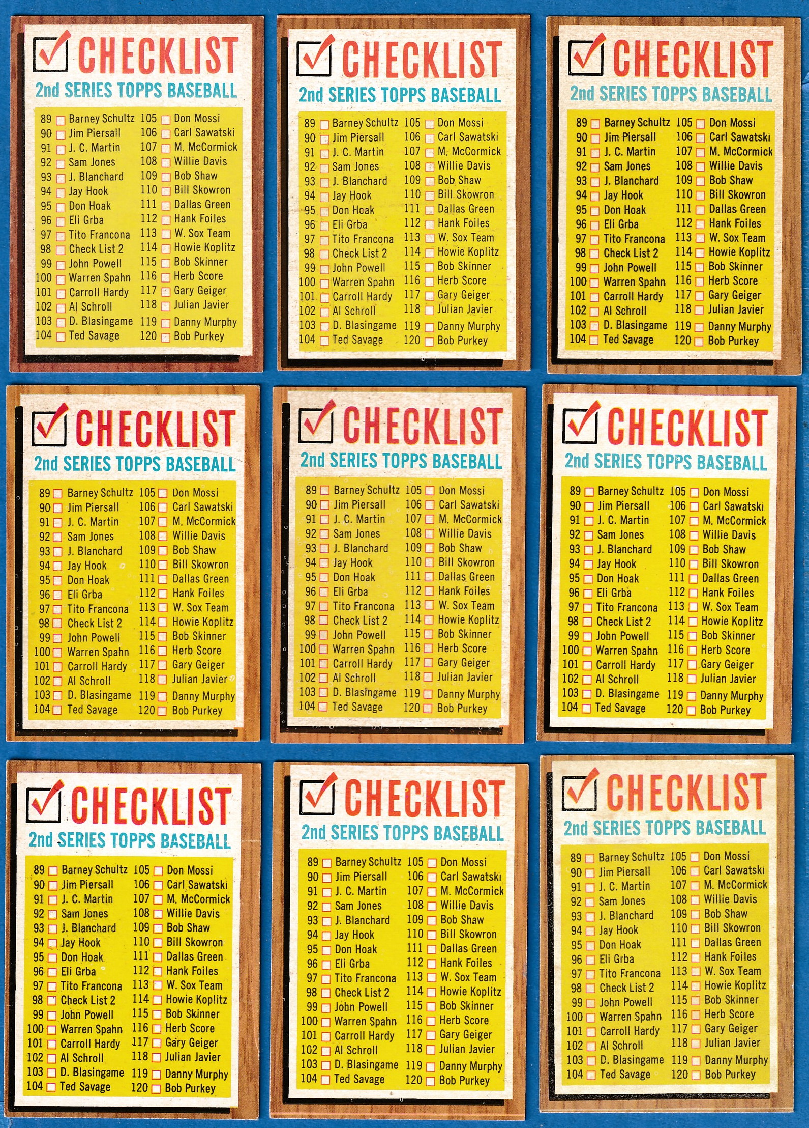 1962 Topps # 98 Checklist #2 [VAR:Dark wood,Thick shadow]  cards value