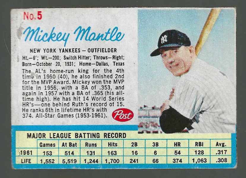 1962 Post #  5A Mickey Mantle [#ll] (Yankees)  cards value