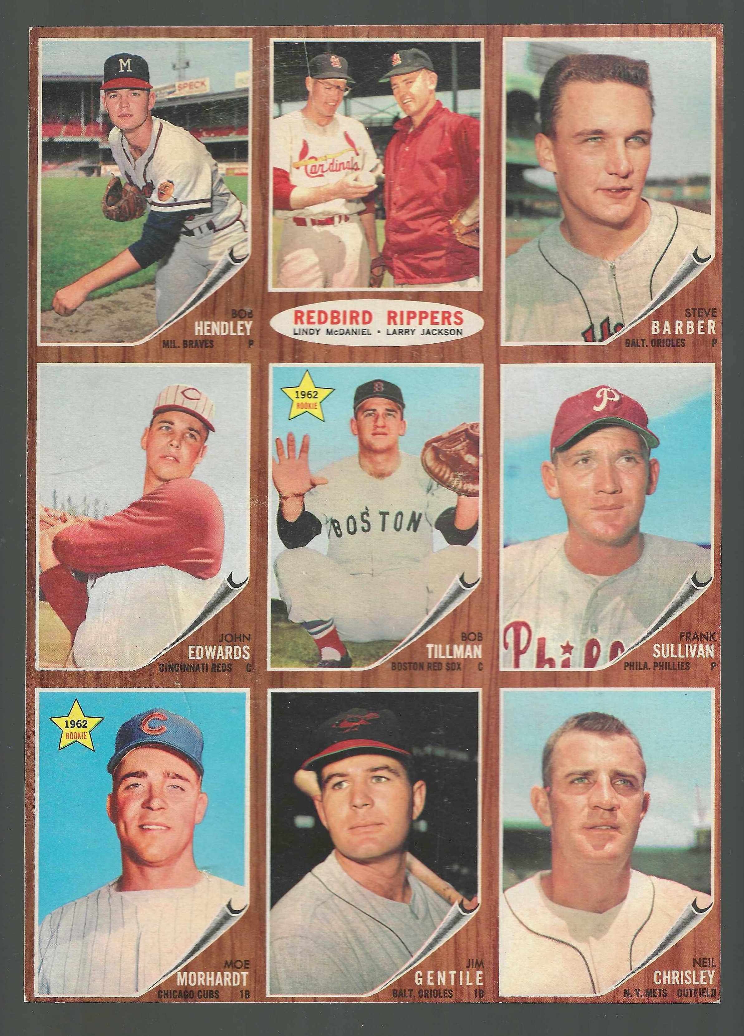 1962 Topps  [p] 9-Card PANEL - w/Bob Tillman in center (Red Sox)  cards value