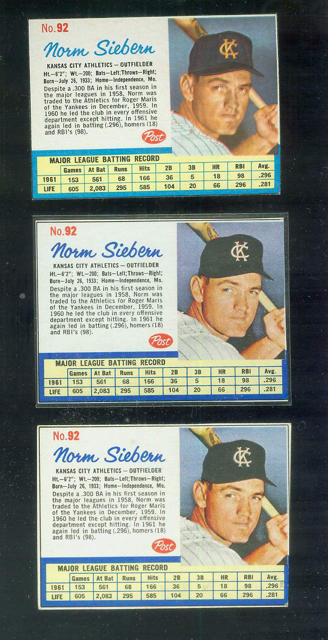 1962 Post # 92 Norm Siebern RARE SHORT PRINT [middle] (Kansas City A's)  cards value