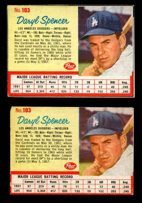 1962 Post #103 Daryl Spencer SCARCE SHORT PRINT [top] (Dodgers)  cards value