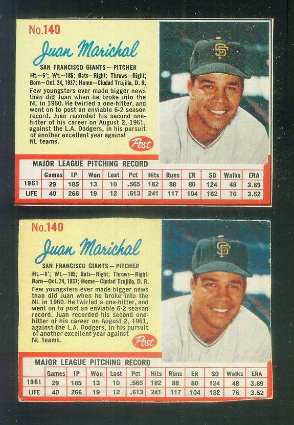 1962 Post #140 Juan Marichal RARE SHORT PRINT [top] (Giants)  cards value